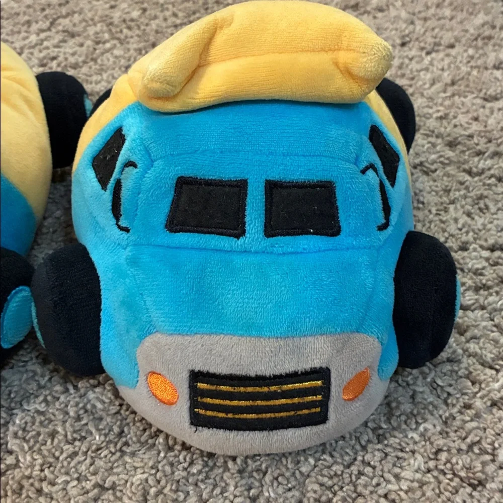 Plush Blue & Yellow Toy Truck Slippers size 11-12 Kids Soft Vehicle house shoes